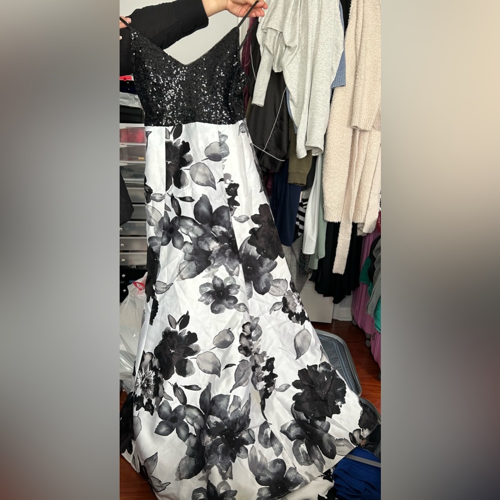 Black and white floral floor length dress